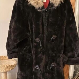 Women's Black Faux Fur Coat with Fur-Trim Hood